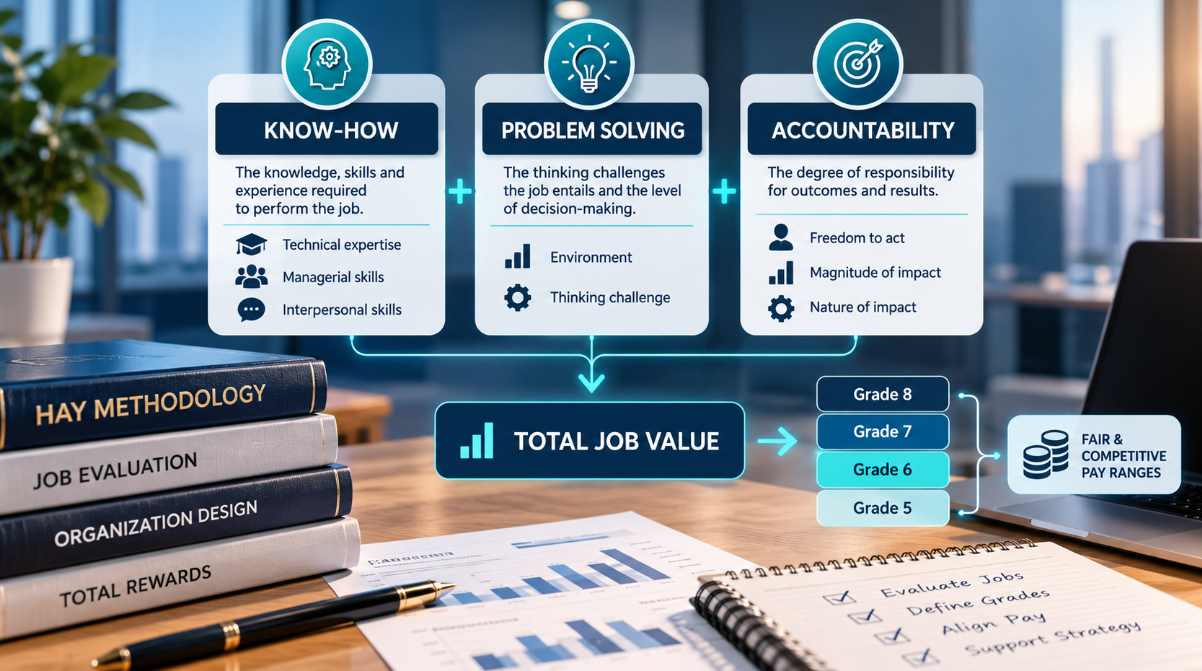 Hay Methodology job evaluation showing Know-How, Problem Solving, Accountability, job scores and grade decisions
