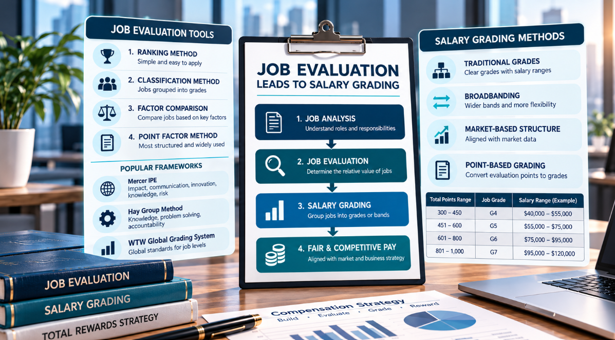 Job evaluation tools and salary grading methods comparing ranking, classification, factor comparison, point factor and pay grades