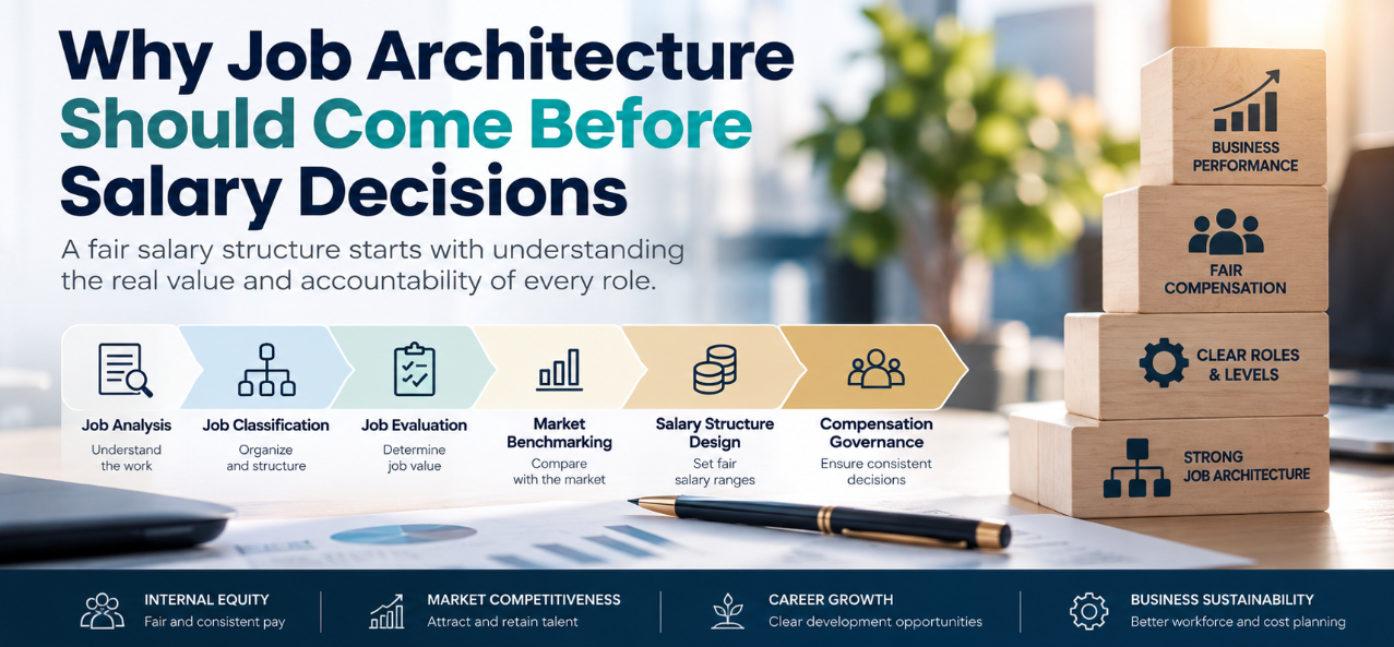 Job architecture framework connecting job evaluation, job grading, market benchmarking, and salary structure design.