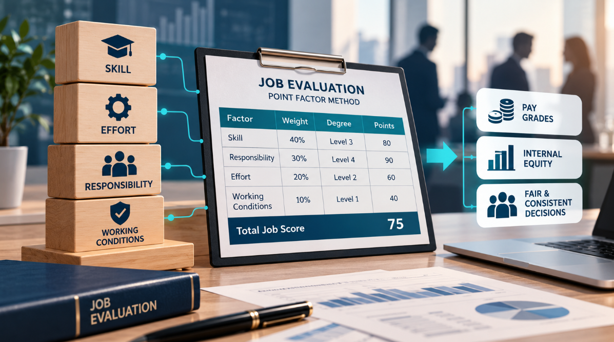 Point Factor Method in Job Evaluation showing compensable factors, weighted scoring, total job score and fair pay grade decisions.