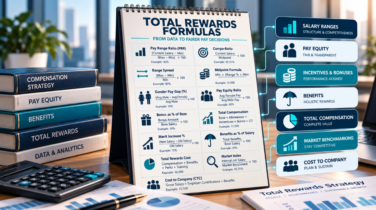 Total Rewards compensation formulas covering salary range, compa-ratio, pay equity, bonuses, market benchmarking and employee cost.